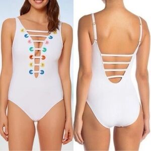Bleu Rod Beattie White one piece bathing suit plunging neckline rainbow accent